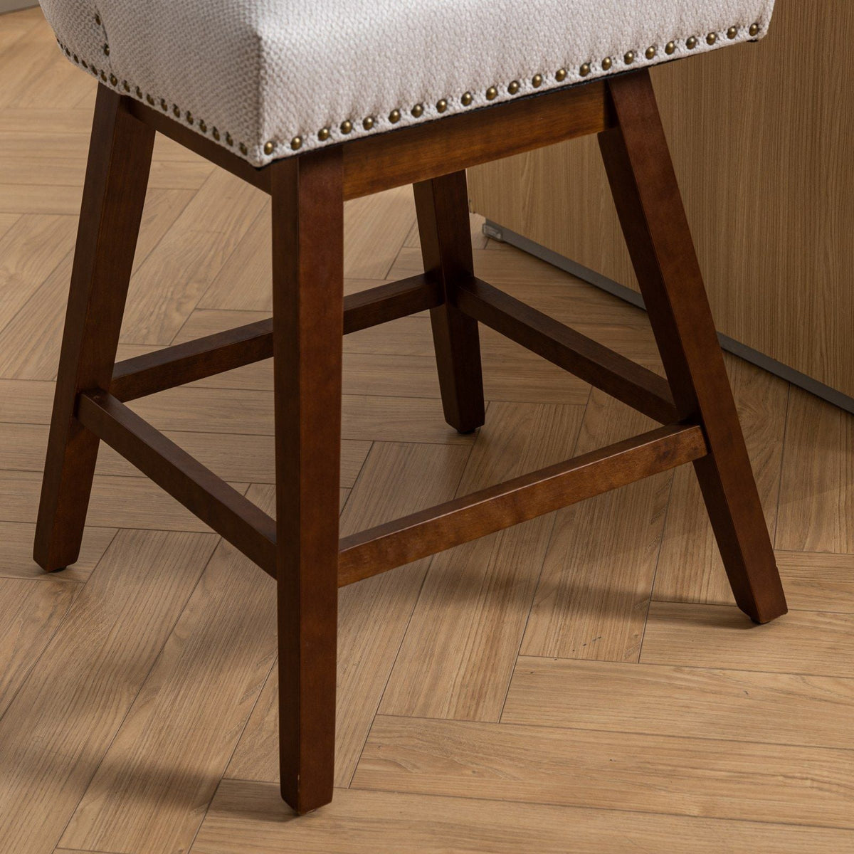 Counter height swivel barstools, beige upholstered seats, dark brown wood legs, set of 2 on Tampa Home & Garden Store