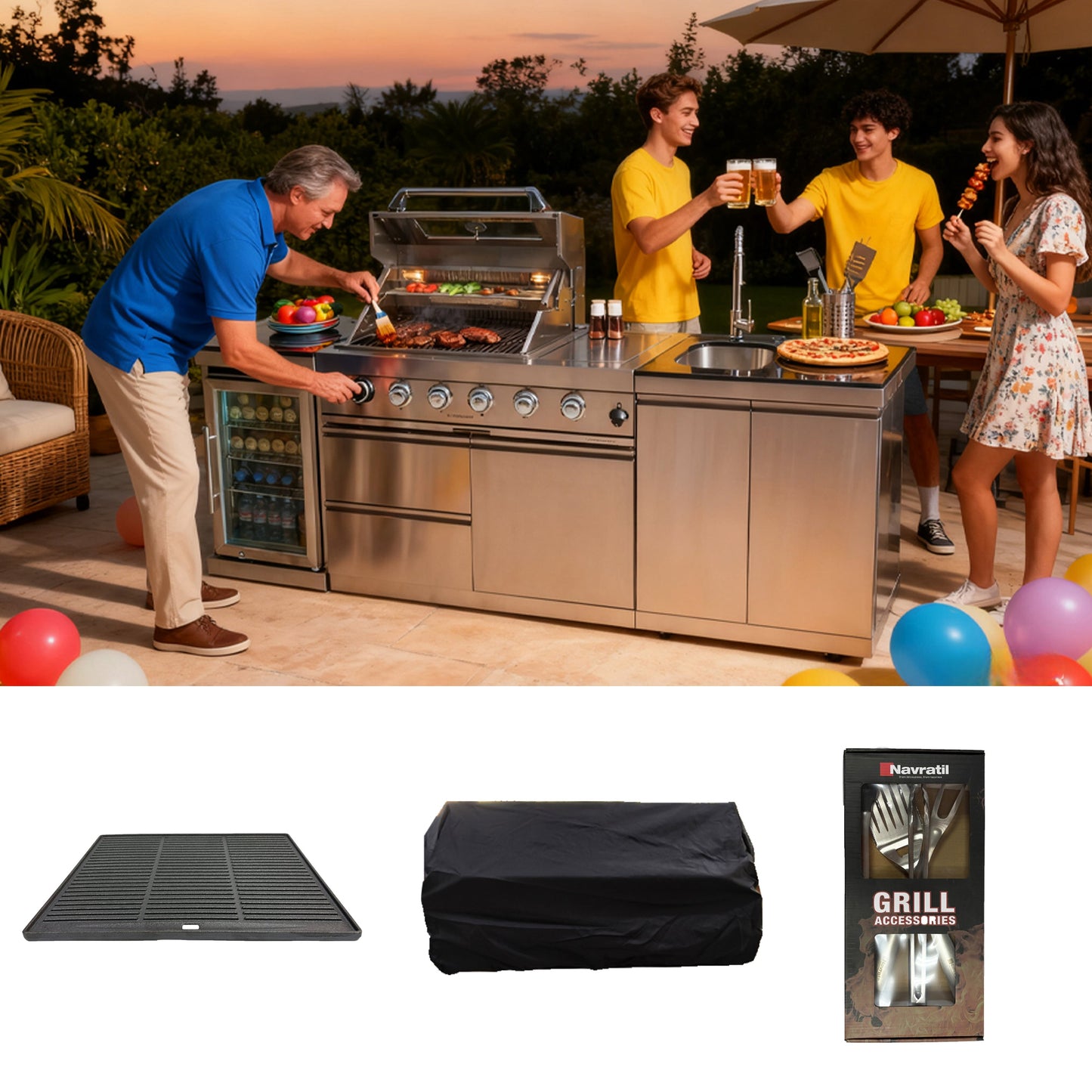 BBQ Grill Set with Cast Iron Pan and Steel Tools