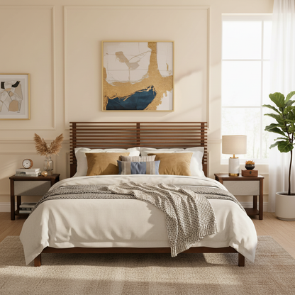 King Bed Frame with Walnut Headboard and Wood