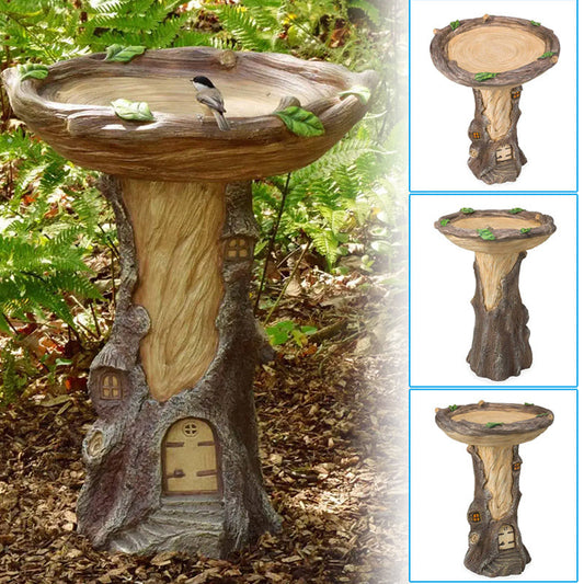 Sunflower resin garden bird bath ornament on a tree trunk pedestal with doors and windows on Tampa Home & Garden Store