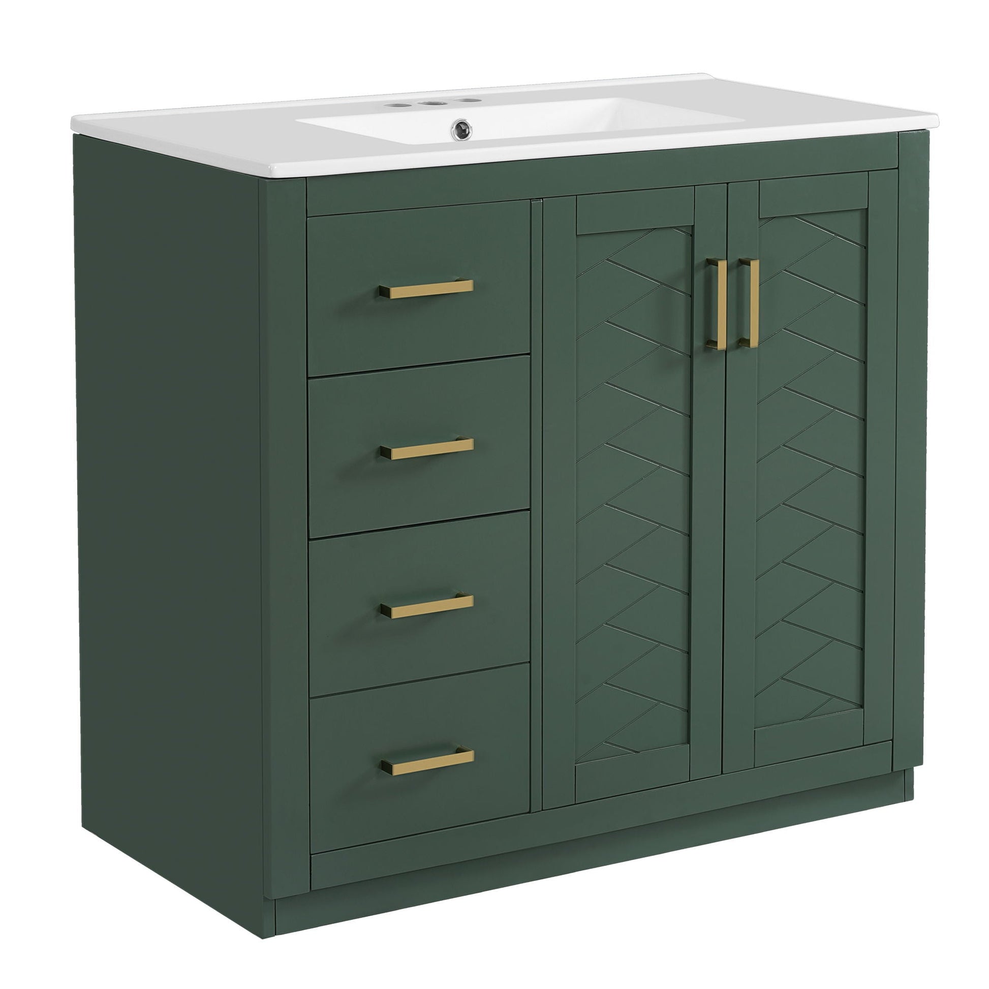 Bathroom vanity with sink in dark green, 3 drawers and cabinet doors, gold handles on Tampa Home & Garden Store
