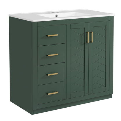 Bathroom vanity with sink in dark green, 3 drawers and cabinet doors, gold handles on Tampa Home & Garden Store