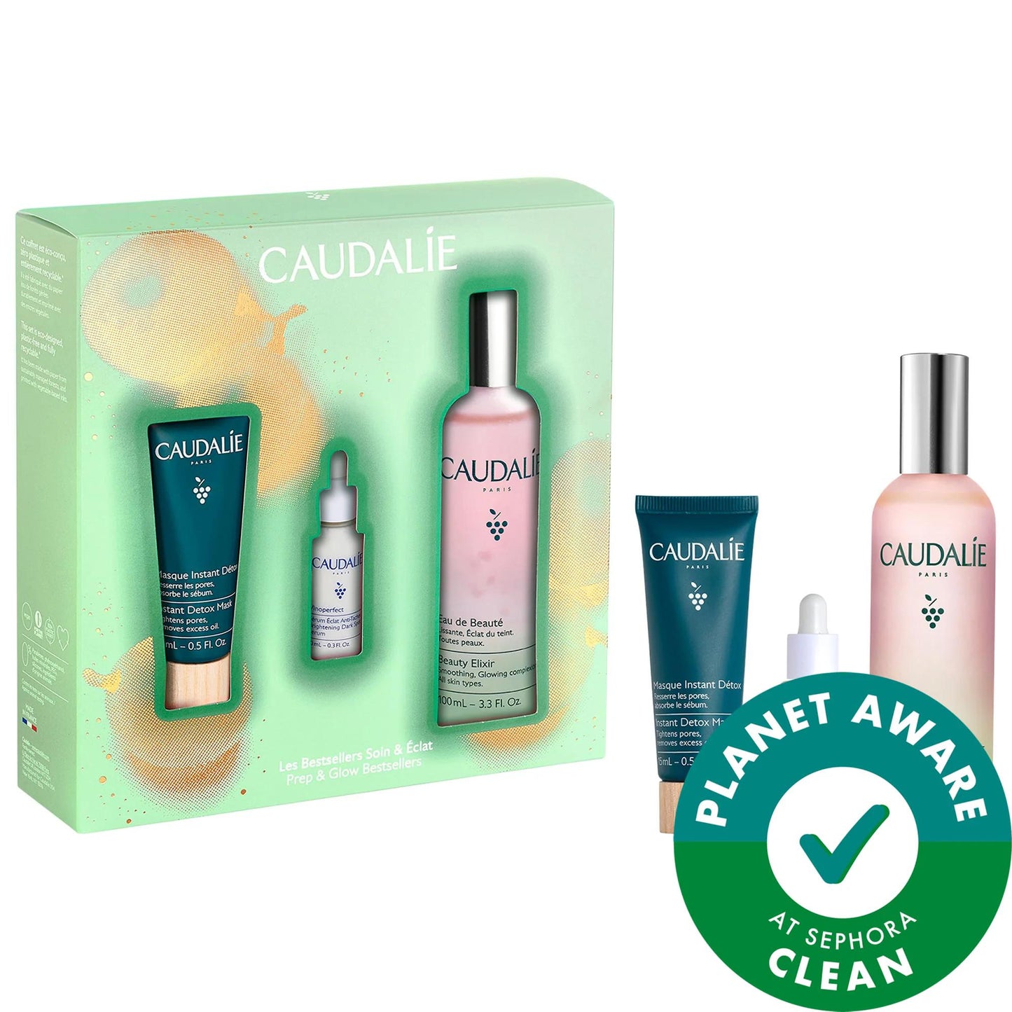 Caudalie Prep & Glow Best-Sellers Skincare Set with multiple serums and tubes in green box on Tampa Home & Garden Store