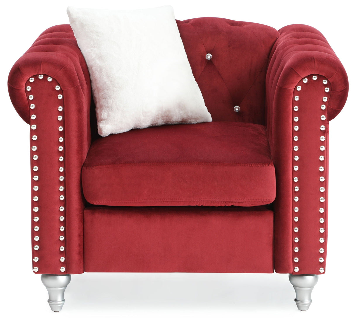 Contemporary lounge chair red velvet with faux jeweled tufting, studded arms, white pillow on Tampa Home & Garden Store