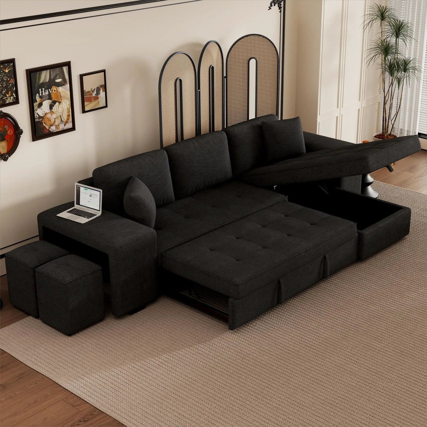 Modern L-shaped sleeper sectional in dark charcoal with a chaise and two stools on Tampa Home & Garden Store