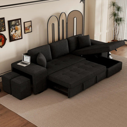 Modern L-shaped sleeper sectional in dark charcoal with a chaise and two stools on Tampa Home & Garden Store