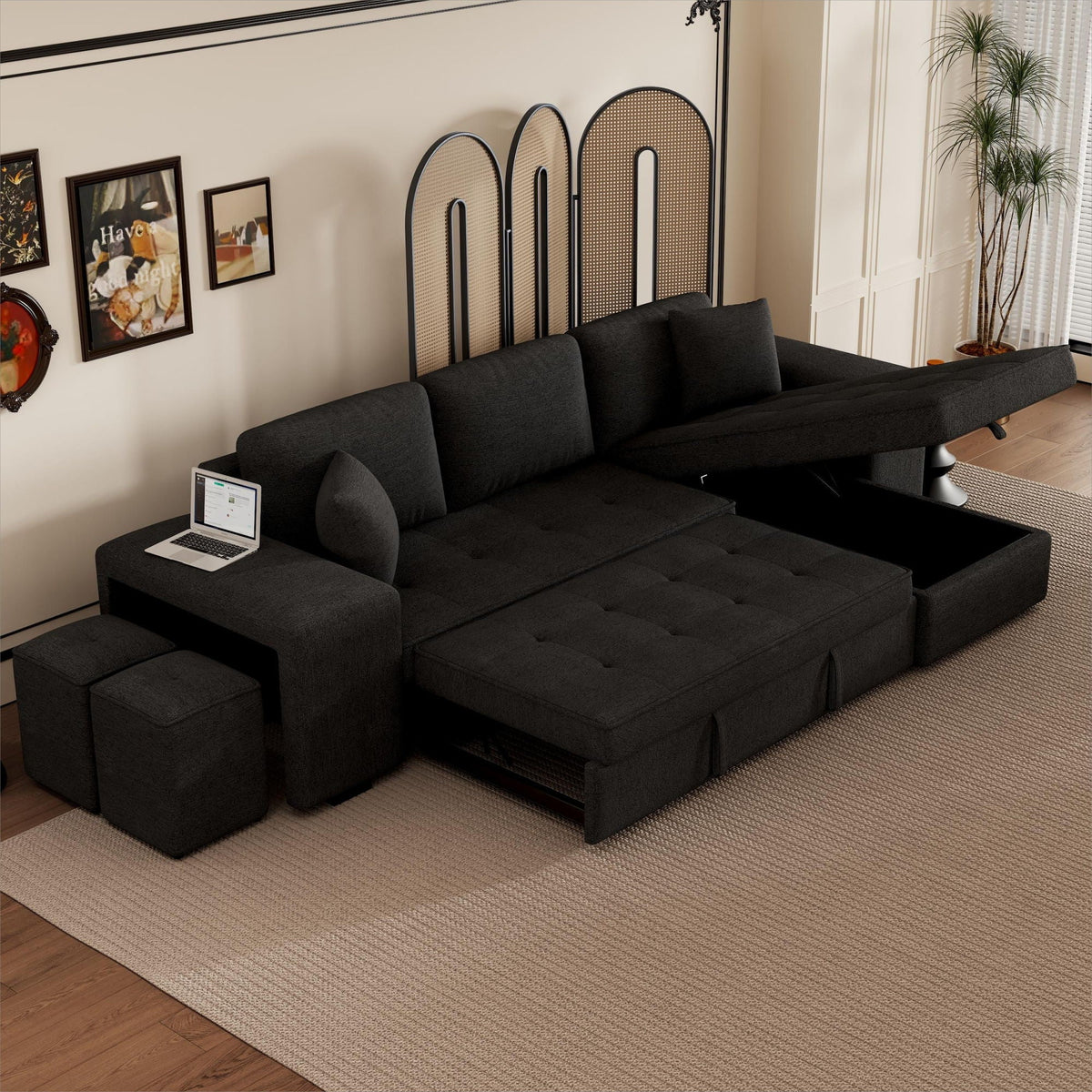 HouseOfZazla L-shape sleeper sectional sofa in charcoal fabric with storage chaise and 2 ottomans on Tampa Home & Garden Store