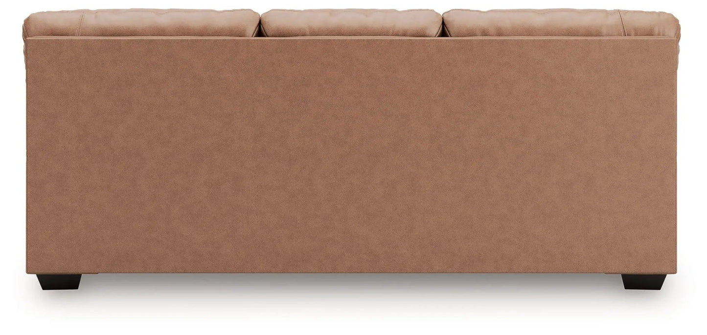 WillowBend sofa back view in tan brown upholstery with tall back cushions and dark block legs on Tampa Home & Garden Store