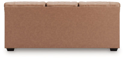 WillowBend sofa back view in tan brown upholstery with tall back cushions and dark block legs on Tampa Home & Garden Store