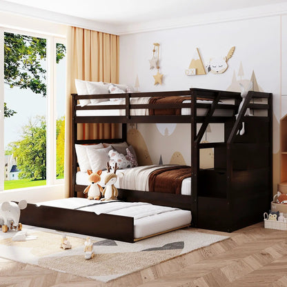 Twin-over-twin bunk bed with trundle and 3 storage stairs in espresso finish on Tampa Home & Garden Store