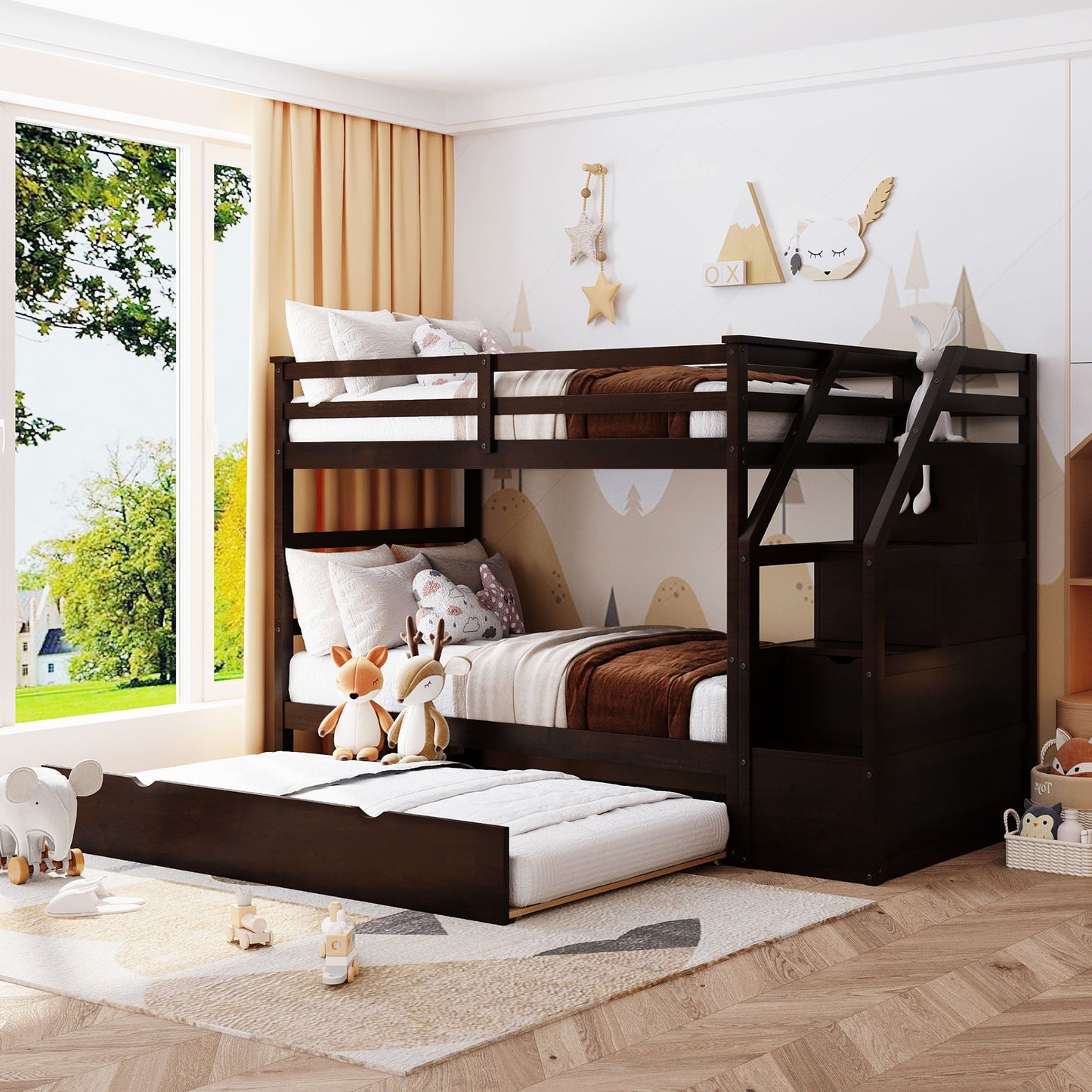 Twin over twin bunk bed Espresso with twin trundle and 3 storage stairs on Tampa Home & Garden Store