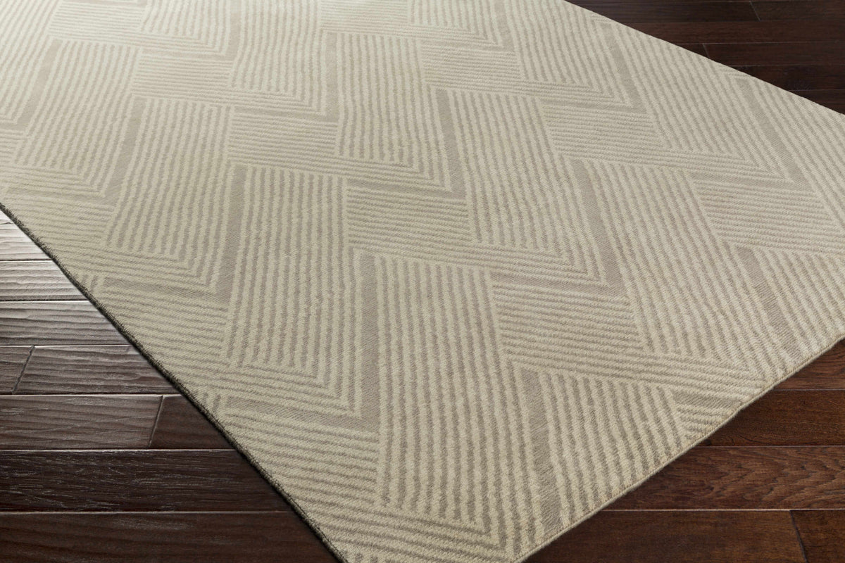 Adelanto Area Rug by Boutique Rugs, beige geometric striped pattern on dark hardwood floor on Tampa Home & Garden Store