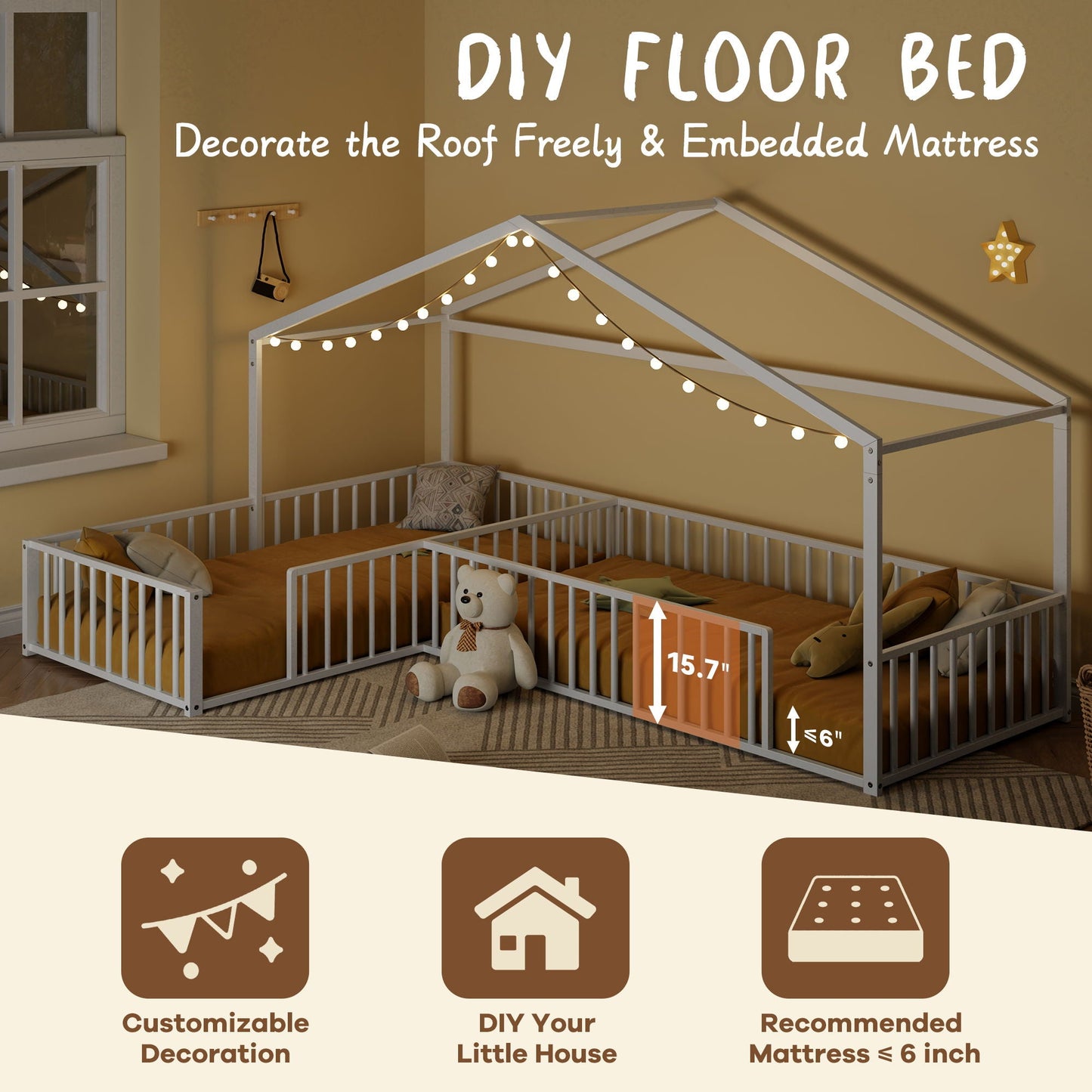 L-shaped Montessori bed for 2 kids with partitioned fence, white metal frame HouseOfZazla on Tampa Home & Garden Store