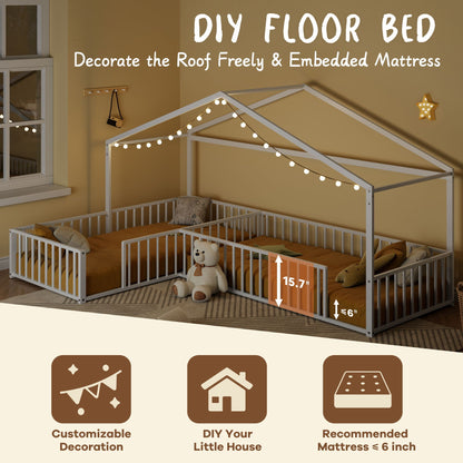L-shaped Montessori bed for 2 kids with partitioned fence, white metal frame HouseOfZazla on Tampa Home & Garden Store