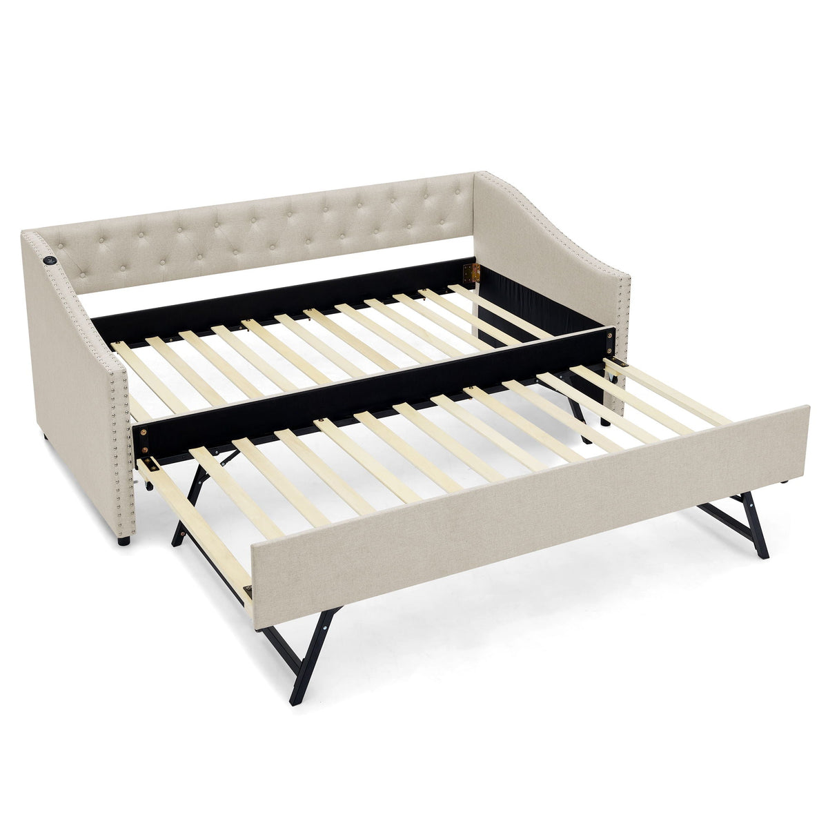 Beige upholstered daybed frame with tufted back and nailhead trim pull-out trundle by HouseOfZazla on Tampa Home & Garden Store