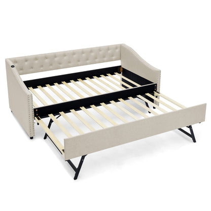 Beige upholstered daybed frame with tufted back and nailhead trim pull-out trundle by HouseOfZazla on Tampa Home & Garden Store