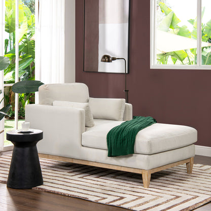 Farmhouse chaise lounge chair with white removable cushions and wood base on Tampa Home & Garden Store