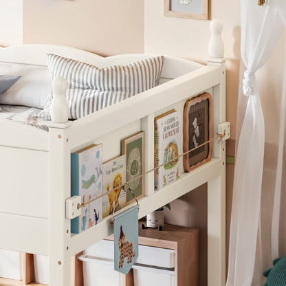 Full Size Low Loft Bed with Full-Length Guardrails by HouseOfZazla, white frame with shelves on Tampa Home & Garden Store