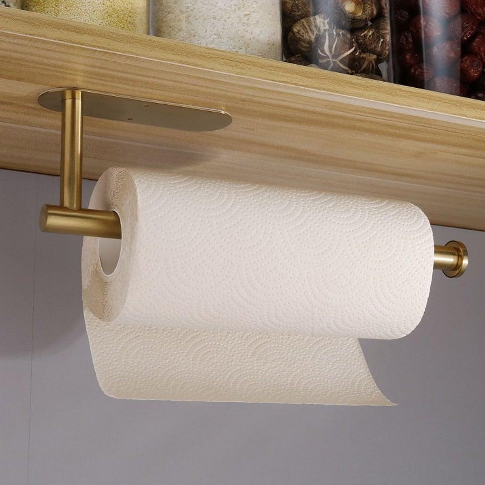 Stevvex gold stainless steel toilet paper holder with adhesive mount and towel roll rack on Tampa Home & Garden Store