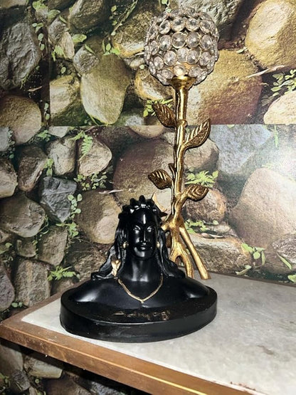 Vibhsa Adiyogi statue bust for car dashboard, black figure with gold stem and crystal orb on Tampa Home & Garden Store