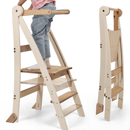 Goodevas Adjustable Montessori Tower toddler step stool with cream frame and natural wood steps on Tampa Home & Garden Store