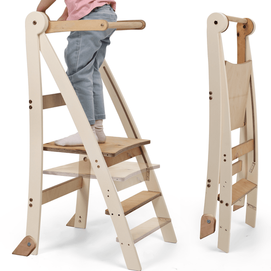 Goodevas Adjustable Montessori Tower toddler step stool with cream frame and natural wood steps on Tampa Home & Garden Store