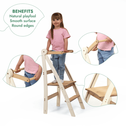 Goodevas Adjustable Montessori Tower toddler high chair with natural wood and cream frame on Tampa Home & Garden Store