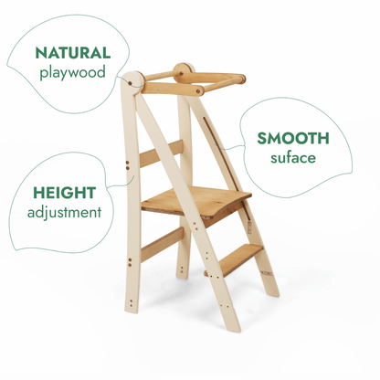 Adjustable Montessori Tower toddler step stool in natural plywood with smooth surface Goodevas on Tampa Home & Garden Store