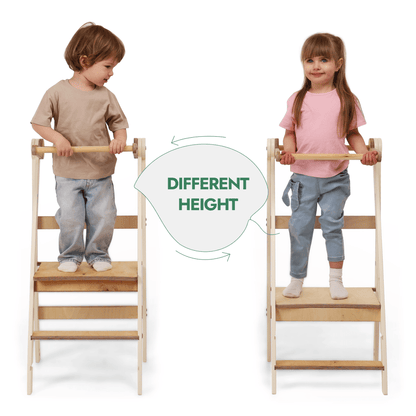 Pair of Goodevas adjustable Montessori Towers toddler step stools in natural wood on Tampa Home & Garden Store