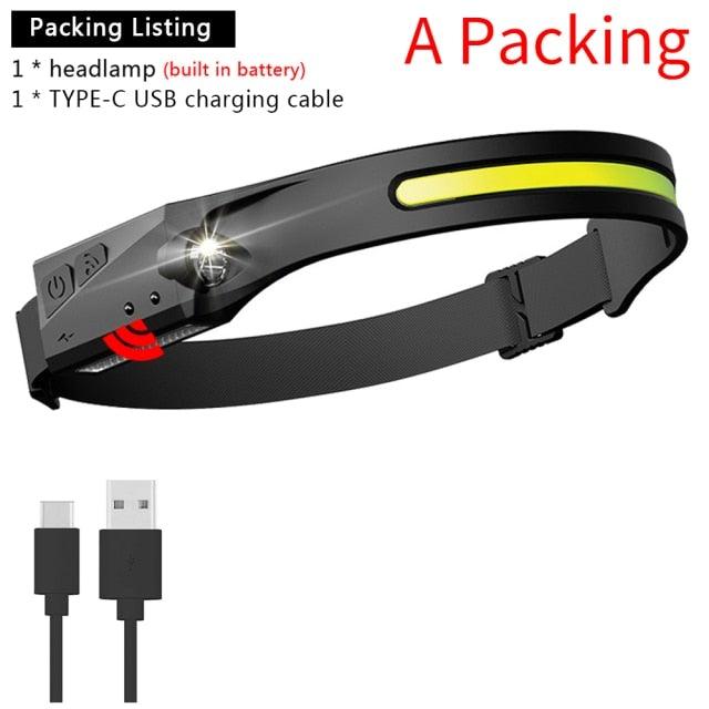 Stevvex headlamp, adjustable rechargeable LED, black strap, yellow strip, 5 lighting modes on Tampa Home & Garden Store