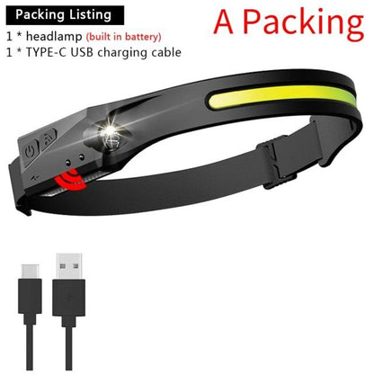 Stevvex headlamp, adjustable rechargeable LED, black strap, yellow strip, 5 lighting modes on Tampa Home & Garden Store