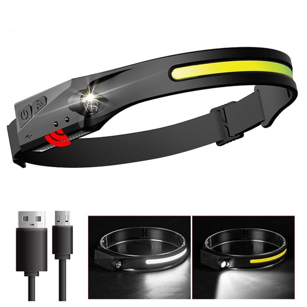 Stevvex adjustable rechargeable LED headlamp with black/yellow strap, 5-mode light on Tampa Home & Garden Store