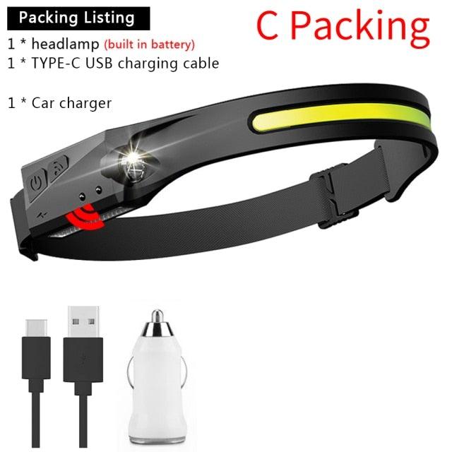 Adjustable LED headlamp with USB-C charging, Stevvex, black/yellow strap on Tampa Home & Garden Store