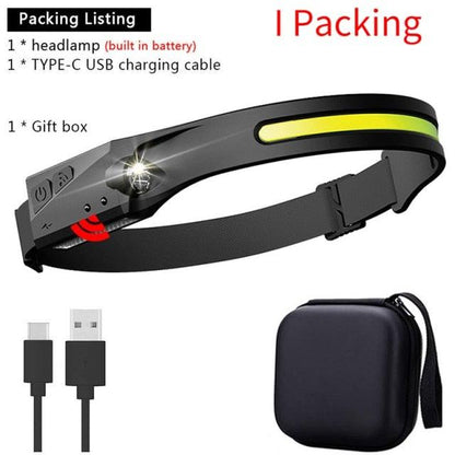 Adjustable Stevvex USB LED headlamp with black/yellow strap; 1 USB-C cable and 1 gift box on Tampa Home & Garden Store