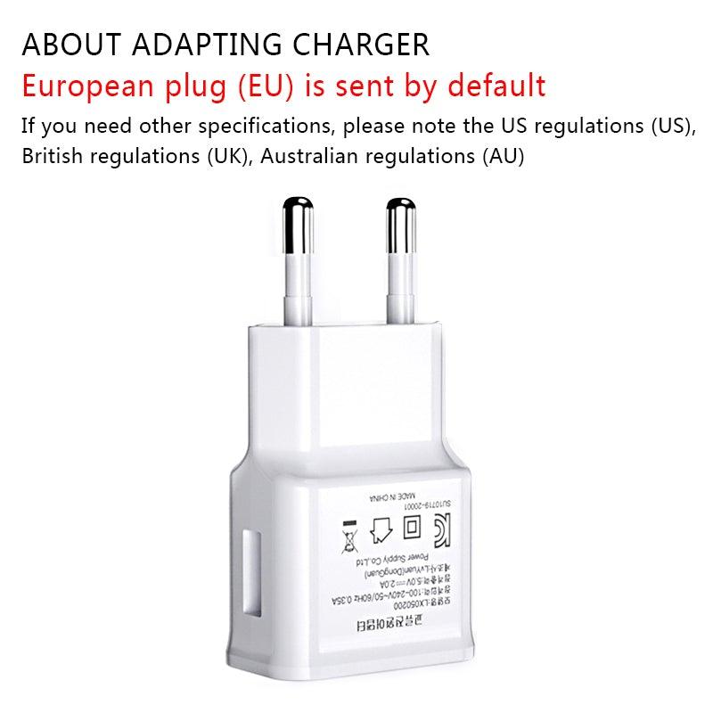 USB wall charger with EU two-pin plug, white compact adapter with side label on Tampa Home & Garden Store