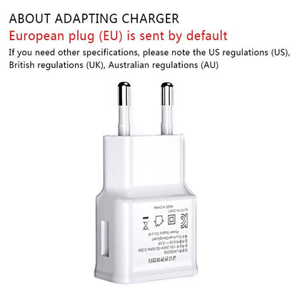 USB wall charger with EU two-pin plug, white compact adapter with side label on Tampa Home & Garden Store