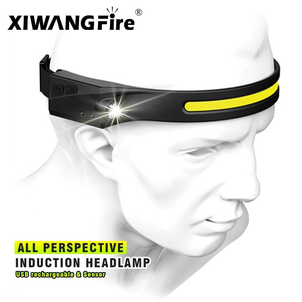 Stevvex induction headlamp, XIWANGFire logo, black strap, yellow accent, 5-mode torch on Tampa Home & Garden Store