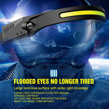 Stevvex adjustable rechargeable LED headlamp on black strap with yellow lightbar for outdoor use on Tampa Home & Garden Store