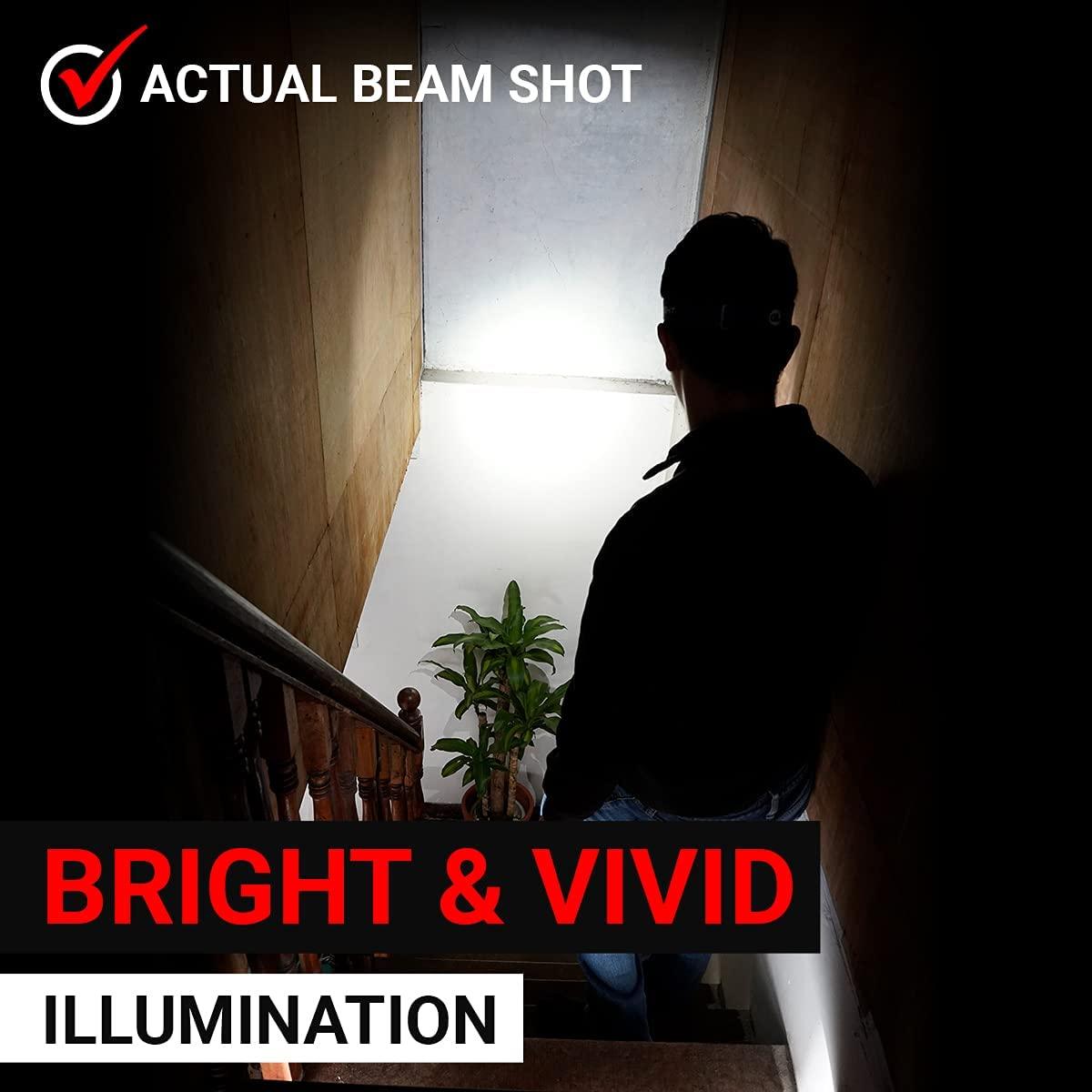 Stevvex headlamp worn by a person, bright beam lighting stairwell on Tampa Home & Garden Store