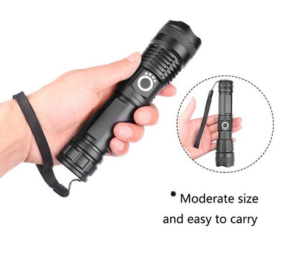 Stevvex adjustable USB rechargeable LED flashlight, black, zoomable, waterproof for camping on Tampa Home & Garden Store