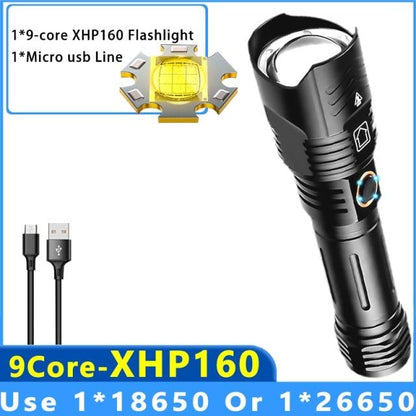 Stevvex USB rechargeable tactical flashlight with XHP160 LED, zoomable beam, black torch on Tampa Home & Garden Store