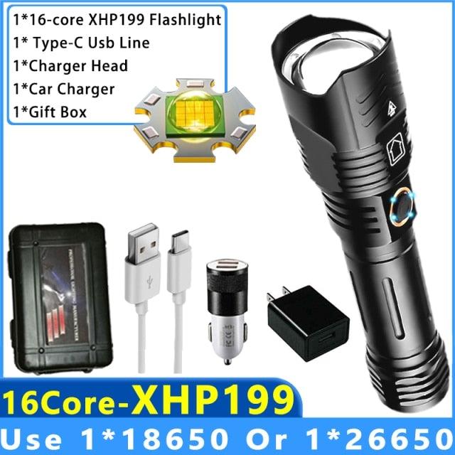 Stevvex black adjustable tactical flashlight USB-C charging IPX65 waterproof with USB cables on Tampa Home & Garden Store