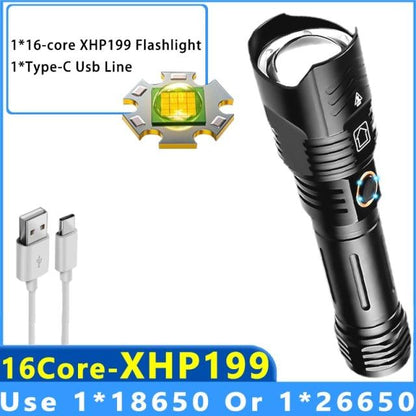 Stevvex black tactical flashlight with zoomable head USB-C charging 16Core XHP199 LED IPX65 on Tampa Home & Garden Store