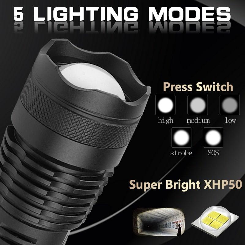 Stevvex adjustable rechargeable tactical flashlight USB LED, 5 modes, zoomable, IPX65 on Tampa Home & Garden Store