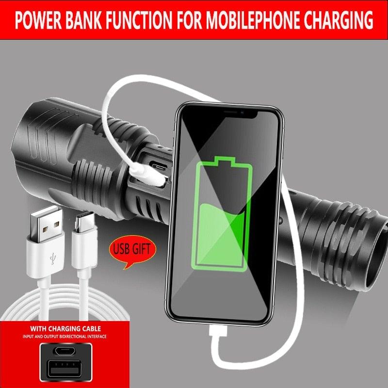 USB rechargeable tactical flashlight, zoomable, IPX65 waterproof, power bank torch for outdoors on Tampa Home & Garden Store