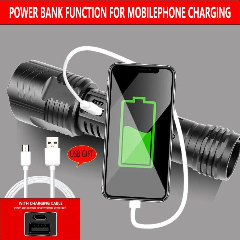 Stevvex black adjustable rechargeable tactical flashlight with USB charging power bank for phone on Tampa Home & Garden Store