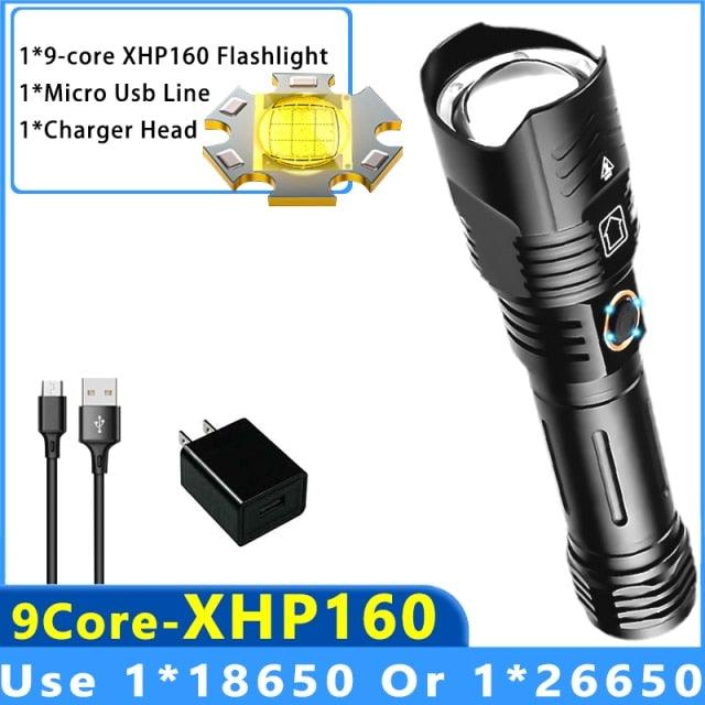 Stevvex 9-core XHP160 USB rechargeable tactical flashlight black zoomable beam IPX65 on Tampa Home & Garden Store