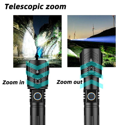 Stevvex adjustable tactical flashlight USB zoomable black teal IPX65 waterproof on Tampa Home & Garden Store
