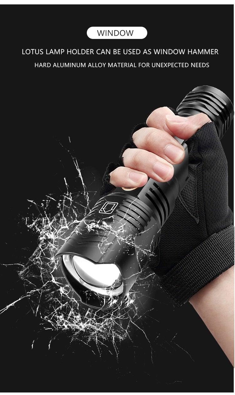 Stevvex adjustable rechargeable tactical flashlight with black aluminum body, zoomable LED beam on Tampa Home & Garden Store