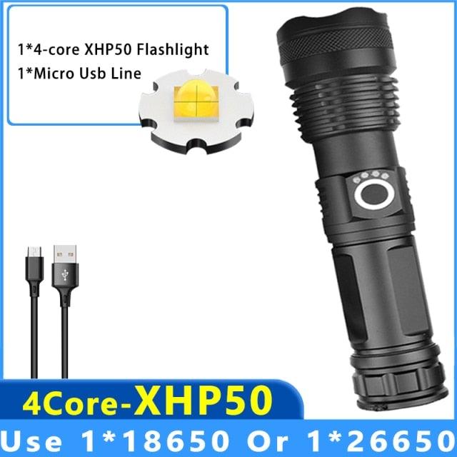 Adjustable tactical flashlight USB LED 4-core XHP50, black aluminum, IPX65 waterproof on Tampa Home & Garden Store